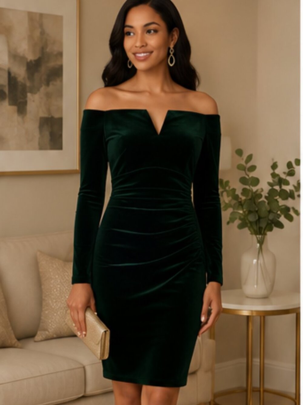 Xscape Hunter Green Velvet Off Shoulder Sheath Dress NWT Size 10 Elegant - Picture 2 of 6